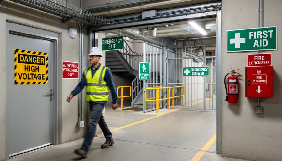 Safety signs mounted on an industrial wall near an emergency equipment cabinet
