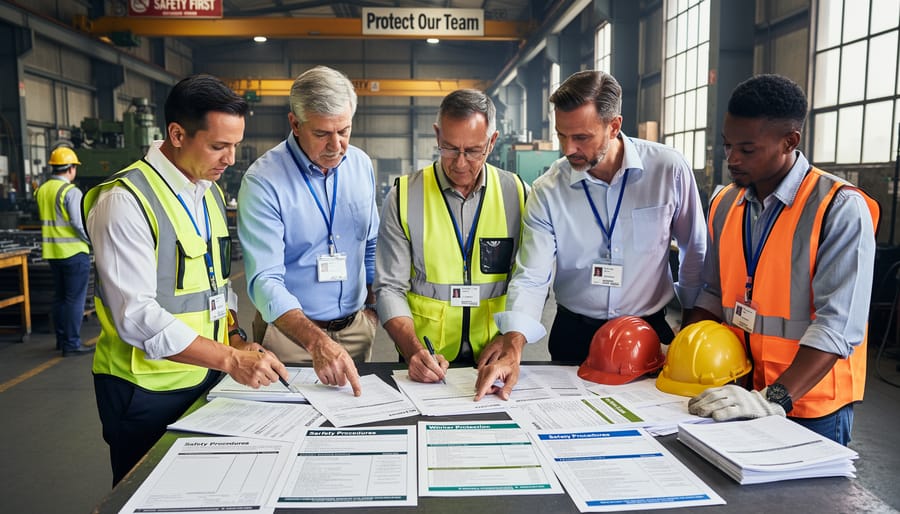 Supervisor and senior worker in high-visibility vests reviewing a safety folder near a warehouse entrance.