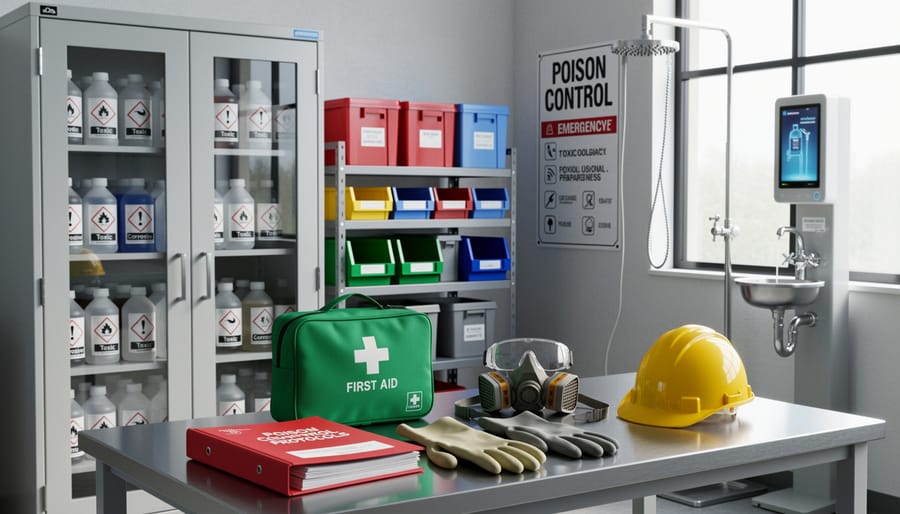 Respirator and nitrile gloves placed on a bench beside a closed chemical storage cabinet in an industrial safety setting.