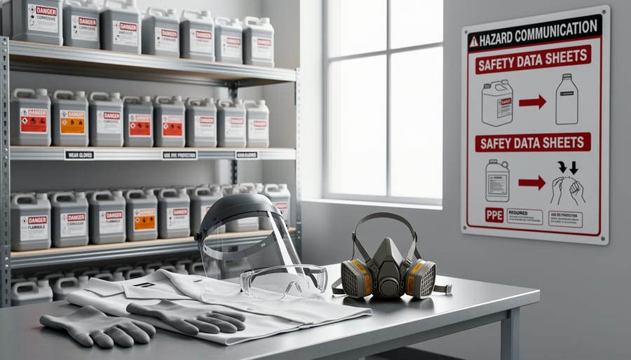 Chemical storage containers and protective equipment arranged in a warehouse aisle