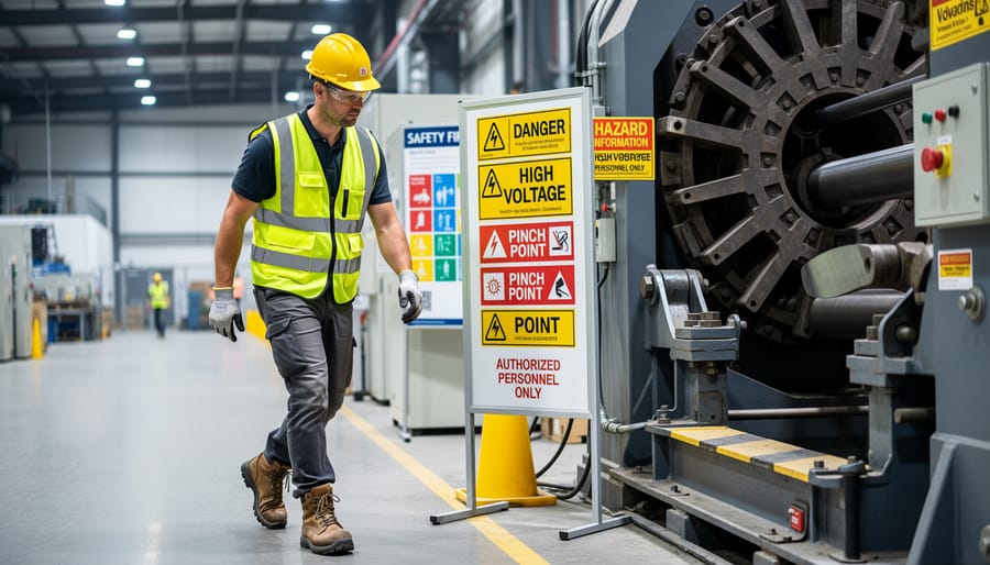Worker in safety goggles standing near a protected electrical panel with hazard tape