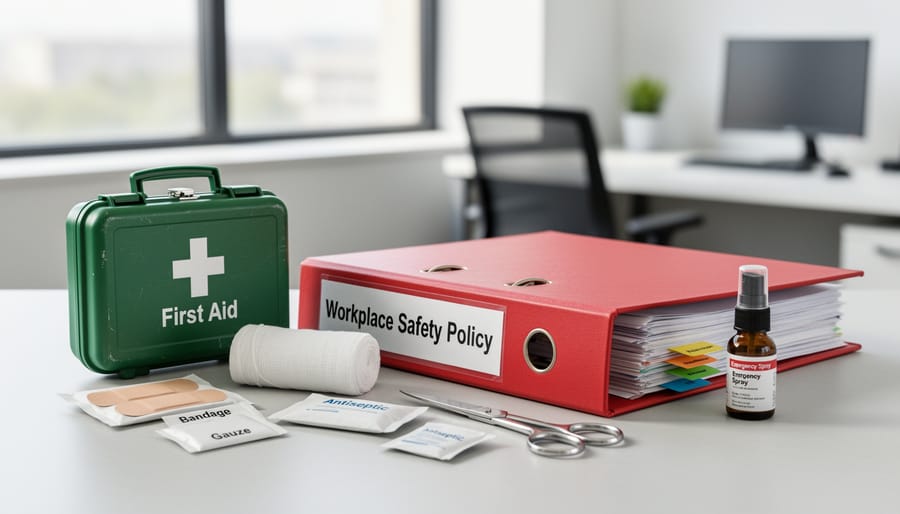 Workplace health and safety binder on a boardroom table beside a pen and first-aid kit.