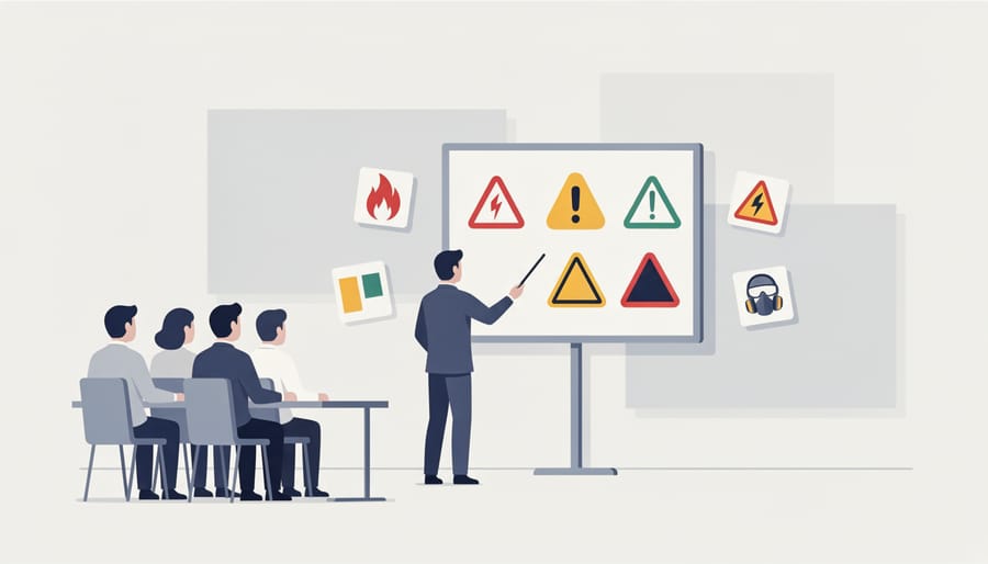 Group of workers attending a training session while discussing safety sign mockups without visible text