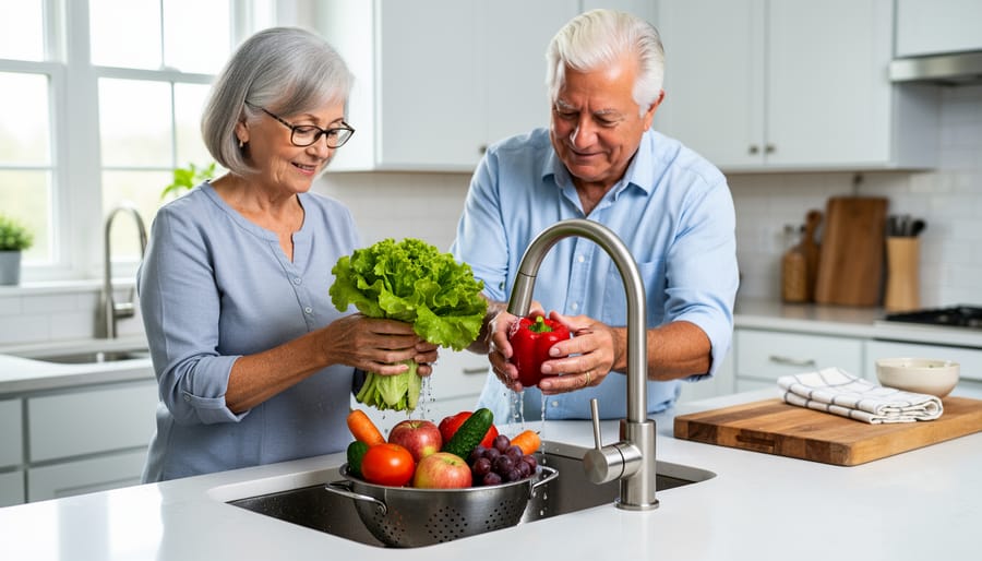 Close-up of a caregiver’s gloved hands rinsing leafy greens under running water in a kitchen sink.