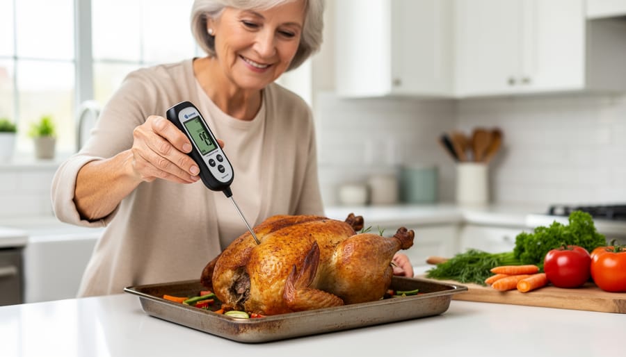 A food thermometer placed near a freshly cooked meal on a dining table to emphasize checking safe doneness.
