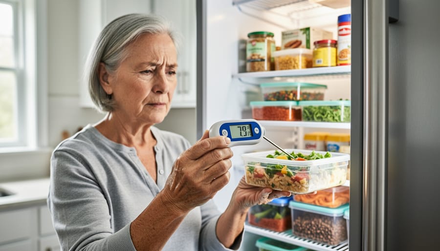 An older adult checking a refrigerator thermometer in their kitchen to help ensure safe food storage temperature.